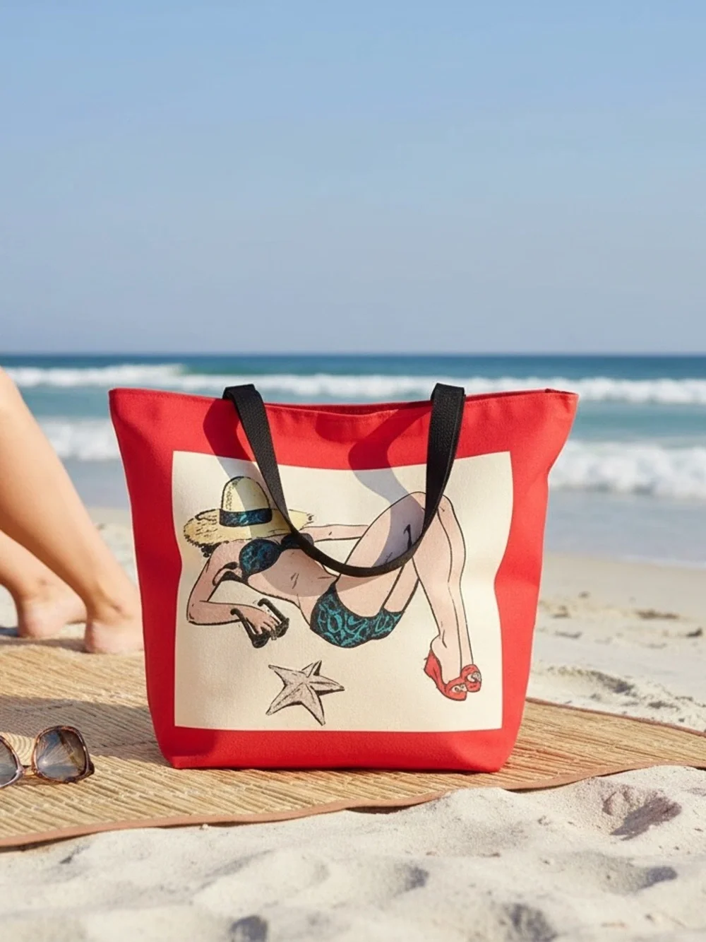 Red Graphic Pinup Girl Canvas Beach Tote Bag Beach Market Bag